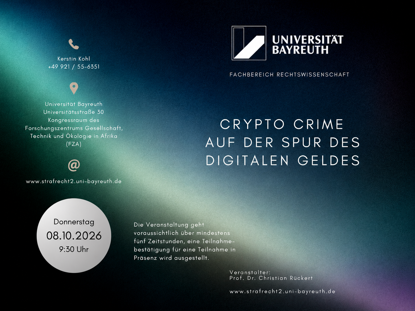 Official poster for the 3rd Bayreuther IT-Strafrechtstag, “Crypto Crime – Auf der Spur des digitalen Geldes”